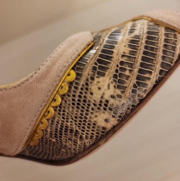 PRADA Calzature Donna Blush Pink Suede Snakeskin Open Toe Heels - Picture 3 of 6